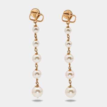 Pre Owned Valentino VLOGO Faux Pearl Gold Tone Drop Earrings