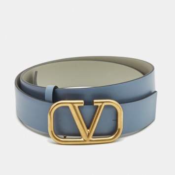 Pre Owned Valentino Blue/Grey Leather VLogo Reversible Buckle Belt 80CM