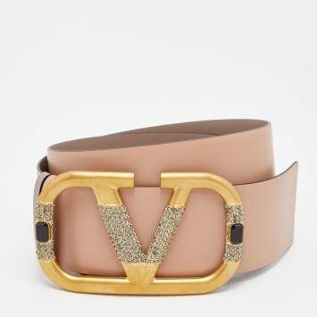 Pre Owned Valentino Beige/Grey Leather Crystal Embellished V Logo Reversible Belt 95 CM