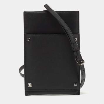 Pre Owned Valentino Black Leather Rockstud Phone Crossbody Bag