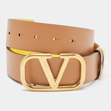 Pre Owned Valentino Yellow/Brown Leather VLogo Reversible Belt 90 CM