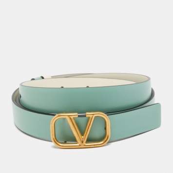 Pre Owned Valentino Mint Green/Cream Leather VLogo Reversible Slim Belt 85 CM