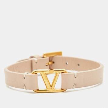 Pre Owned Valentino VLogo Leather Gold Tone Bracelet
