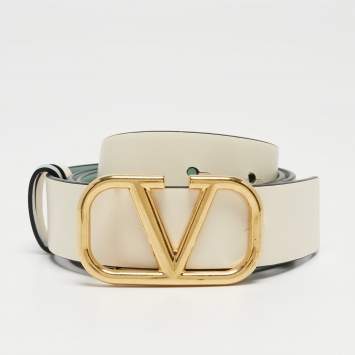 Pre Owned Valentino Mint Green/Cream Leather VLogo Reversible Belt 80 CM