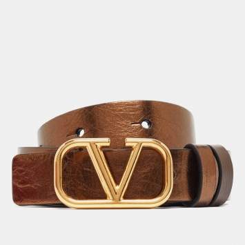 Pre Owned Valentino Metallic/Brown Leather Reversible Narrow V Logo Belt 85CM