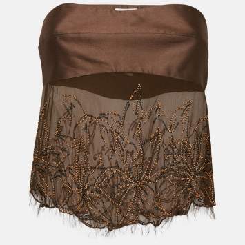 Pre Owned Valentino Brown Embellished Cotton and Silk Strapless Top M