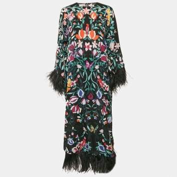 Pre Owned Valentino Black Garden Print Silk Feather Trimmed Crepe De Chine Long Dress M