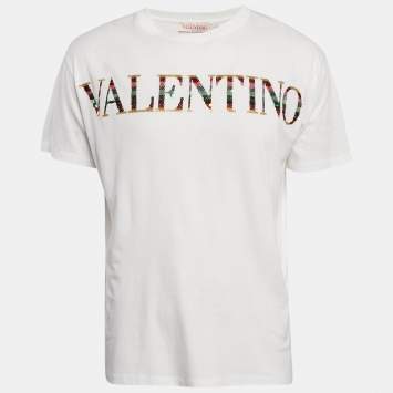 Pre Owned Valentino White Logo Sequin Detail  Jersey T-Shirt M