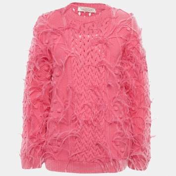 Pre Owned Valentino Pink Open Knit Wool Feather Trim Sweater M