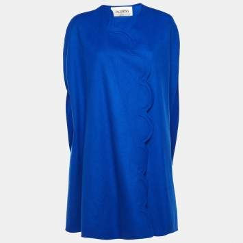Pre Owned Valentino Blue Wool Scalloped Cape Coat M