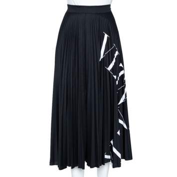 Pre Owned Valentino Black Logo printed Pleated Crepe Midi Skirt M
