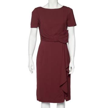 Pre Owned Valentino Burgundy Crepe Gathered Bow Detail Midi Dress M