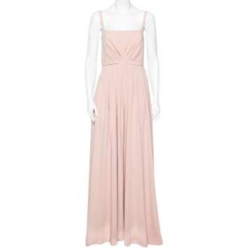 Pre Owned Valentino Beige Silk Pleated Sleeveless Maxi Dress M