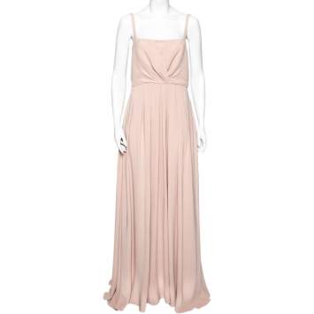 Pre Owned Valentino Beige Silk Pleated Sleeveless Maxi Dress M