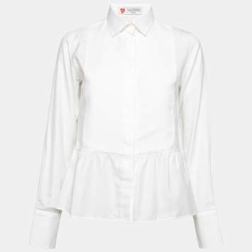 Pre Owned Valentino White Cotton Texture Paneled Button Front Peplum Shirt M