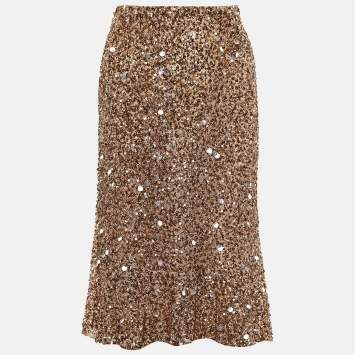 Pre Owned Valentino Metallic Gold Sequin Knee Length Skirt M