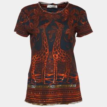 Pre Owned Valentino Black Giraffe Print Jersey Distressed T-Shirt M