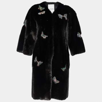 Pre Owned Valentino Black Mink Fur Butterfly Embellished Coat S