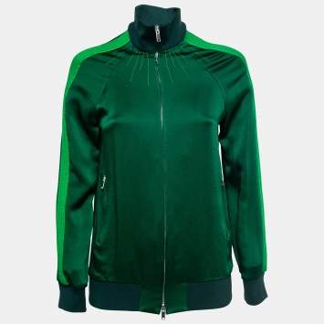 Pre Owned Valentino Green Crepe Pleated Stripe Detail Zip-Up Track Jacket S