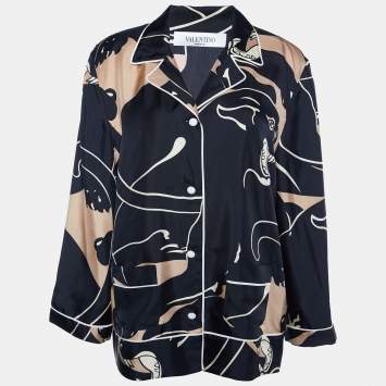 Pre Owned Valentino Black Panther Printed Silk Button Front Pajama Shirt L