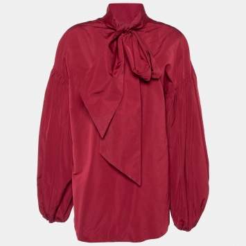 Pre Owned Valentino Burgundy Cotton Taffeta Neck Tie Detail Top L