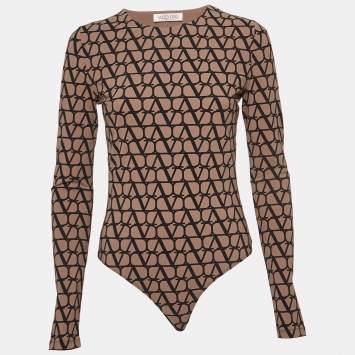 Pre Owned Valentino Beige/Black Logo Monogram Jersey Long Sleeve Bodysuit L