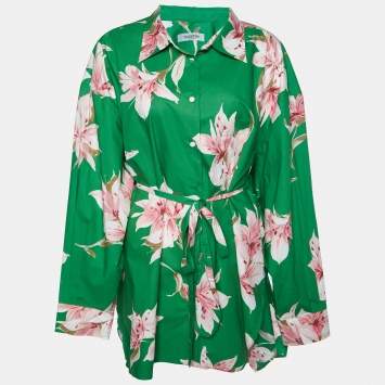 Pre Owned Valentino Green Floral Print Cotton Belted Shirt Dress L