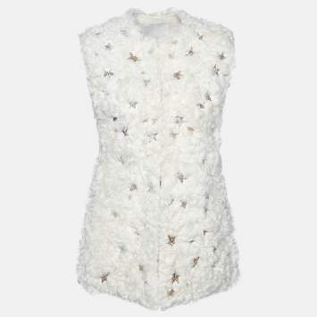 Pre Owned Valentino Cream Star Sequined Lamb Fur Gillet S