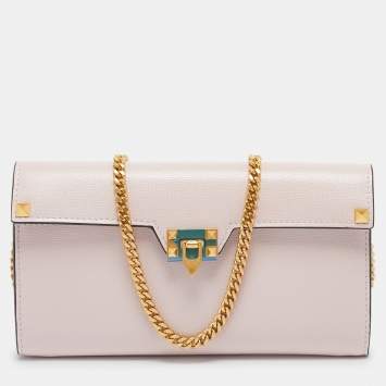 Pre Owned Valentino Light Pink Leather Rockstud Flap Wallet on Chain