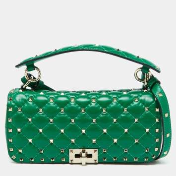 Pre Owned Valentino Green Quilted Leather Rockstud Spike Top Handle Bag