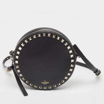 Pre Owned Valentino Black Leather Rockstud Round Crossbody Bag