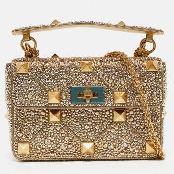 Pre Owned Valentino Gold Crystal Studded Medium Roman Stud Top Handle Bag