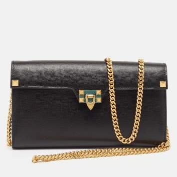 Pre Owned Valentino Black Leather Rockstud Alcove Wallet On Chain