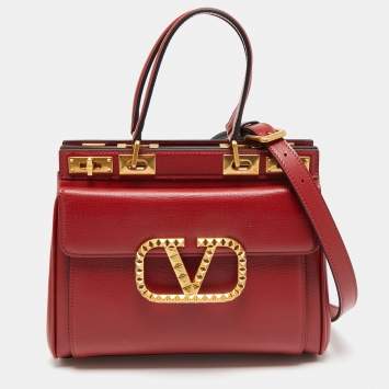 Pre Owned Valentino Red Leather Medium VLogo Stud Alcove Tote