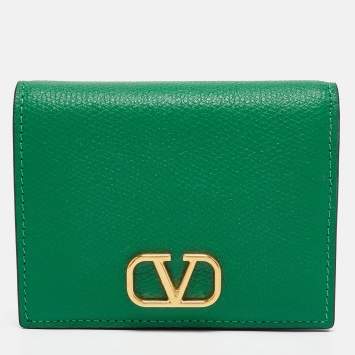 Pre Owned Valentino Green Leather VLogo Flap Card Case