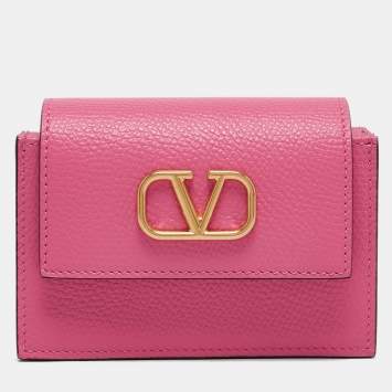 مملوكة مسبقًا Valentino Pink Leather VLogo Gusset Card Case