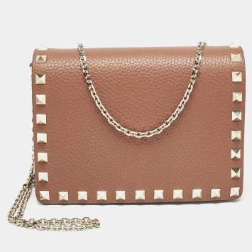Pre Owned Valentino Brown Leather Rockstud Wallet On Chain