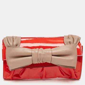 Pre Owned Valentino Orange/Beige Patent  and Leather Aphrodite Bow Clutch