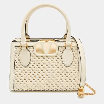 Valentino White Leather Woven VSling Small Double Handle Bag