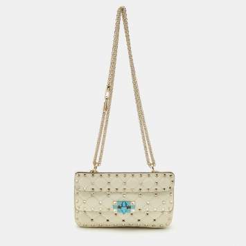 Pre Owned Valentino Ivory Leather Small Rockstud Spike Top Handle Bag