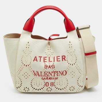 مملوكة مسبقًا Valentino 08 San Gallo Edition Atelier Medium Natural/Red Canvas Tote