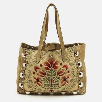 مملوكة مسبقًا Valentino Embroidered Nellcôte Olive Green Fabric and Suede Tote