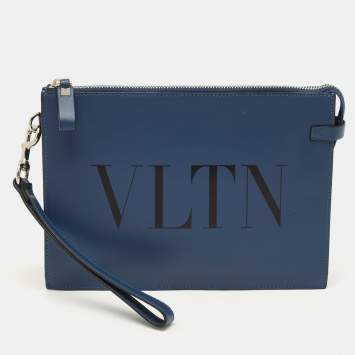 Pre Owned Valentino VLTN Navy Blue Leather Wristlet Zip Pouch