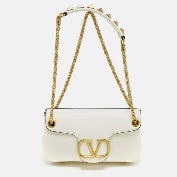 Pre Owned Valentino Stud Sign Ivory Leather Flap Shoulder Bag