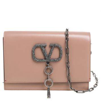 Pre Owned Valentino Rose Canelle Leather Small VCASE With Swarovski Crystals Logo Shoulder Bag