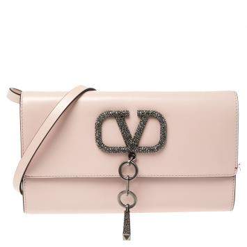 Pre Owned Valentino Rose Quartz Leather VCASE With Swarovski Crystals Clutch Bag