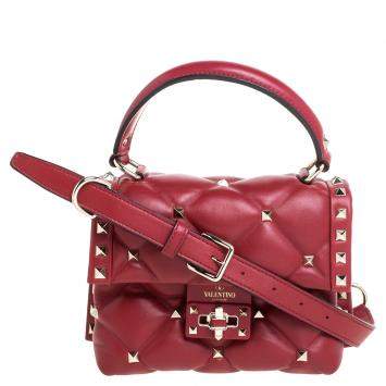 Pre Owned Valentino Red Quilted Leather Mini Candystud Top Handle Bag
