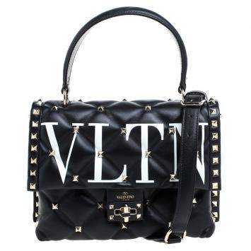 Pre Owned Valentino Black Quilted Leather Medium VLTN Candystud Top Handle Bag