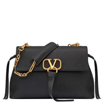 Pre Owned Valentino Black Grainy Leather Medium VRING Chain Shoulder Bag