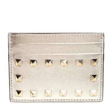 Pre Owned Valentino Gold Leather Rockstud Card Holder